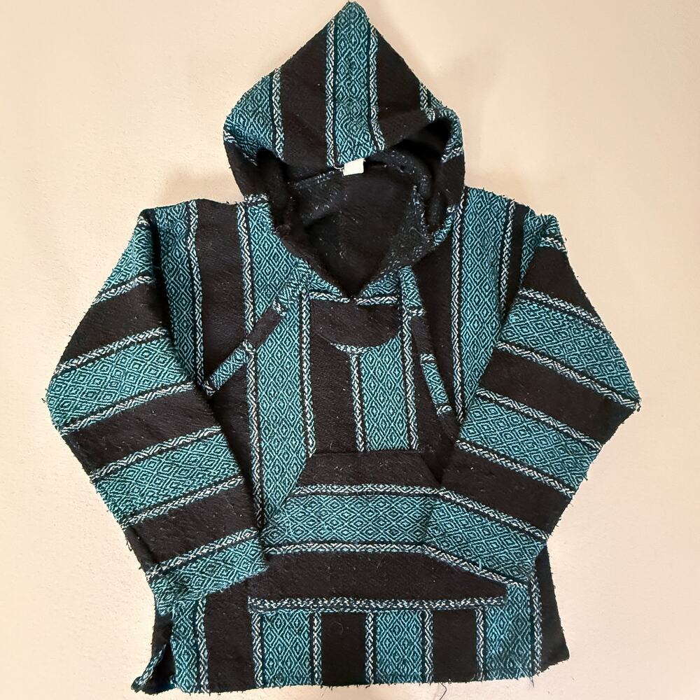 Molina Baja Hoodie Drug Rug Pullover Teal Black Striped Made In Mexico